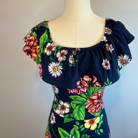 Rebel Sugar by Simons, Tropical Floral, Navy Ruffle Dress, Fit & Flare, SZ L - Picture 4 of 9